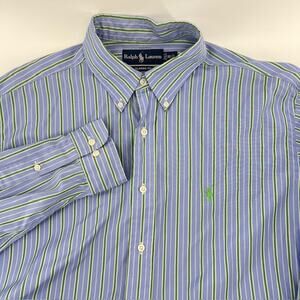 Ralph Lauren Classic Fit Button Down Shirt Mens L 16.5 Blue Green Stripe Preppy